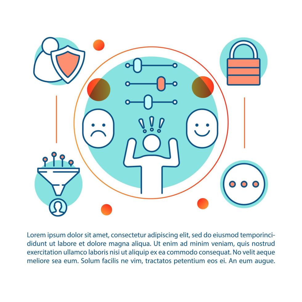 les émotions contrôlent l'illustration linéaire. moyens de surmonter le stress. état d'esprit, processus de gestion des sentiments. article, brochure, page de magazine. icônes de fine ligne avec du texte. design d'impression. dessin de contour vectoriel