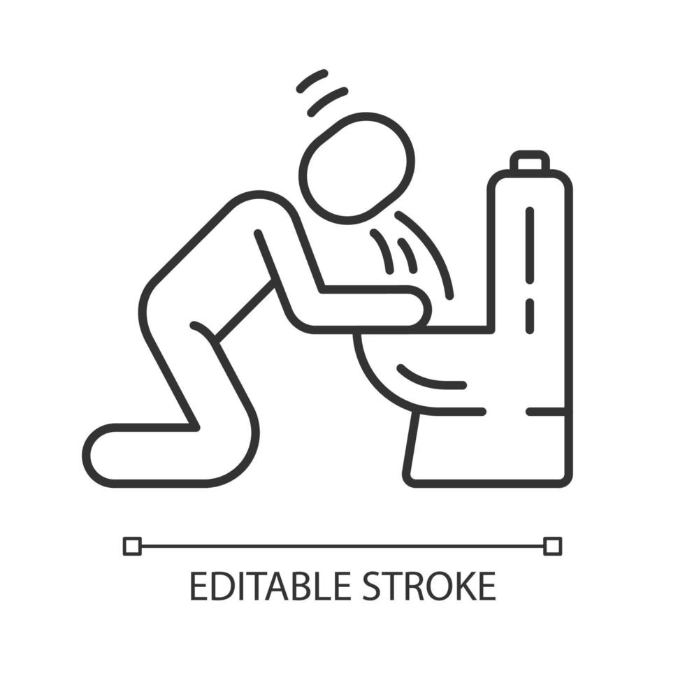 vomissements, icône linéaire de nausée. illustration de la ligne mince. allergie, intoxication alimentaire, symptôme de la gueule de bois. symbole de contour. nausées matinales de grossesse, toxicose. dessin de contour isolé de vecteur. trait modifiable vecteur