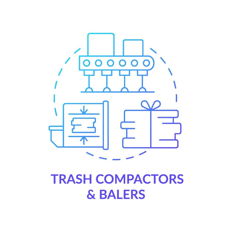 compacteurs à ordures, icône de concept de presses à balles. déchets, traitement des ordures, matériel de compression. recyclage des déchets illustration de ligne mince idée abstraite. dessin de couleur de contour isolé de vecteur