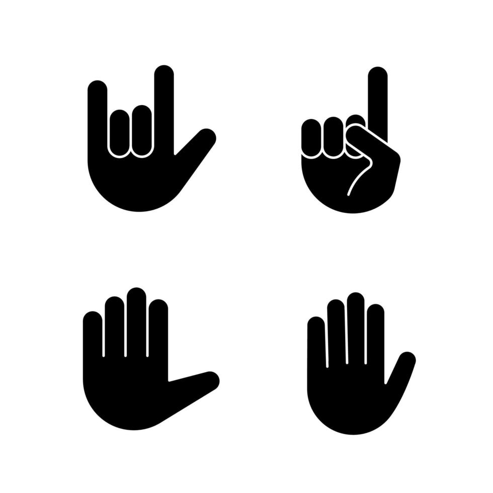 ensemble d'icônes de glyphe d'emojis de geste de main. je t'aime, heavy metal, paradis, high five, arrête de faire des gestes. doigts du diable, index pointant vers le haut, main levée. symboles de silhouettes. illustration vectorielle isolée vecteur