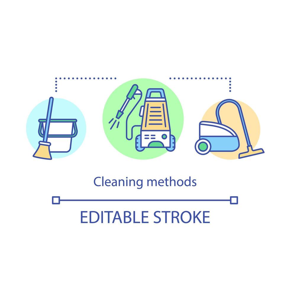 icône de concept de méthodes de nettoyage. illustration de ligne mince d'idée de nettoyeur à vapeur sèche. lavage sous pression. nettoyage acoustique. nettoyage hydrojet. passer l'aspirateur, passer la serpillière. dessin isolé de vecteur. trait modifiable vecteur