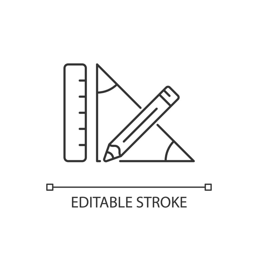 icône linéaire de géométrie. crayon et règle. problème géométrique. côtés de mesure du triangle. illustration personnalisable en ligne mince. symbole de contour. dessin de contour isolé de vecteur. trait modifiable vecteur