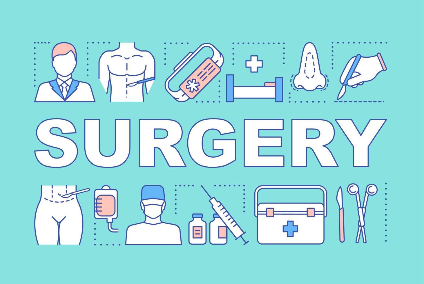 bannière de concepts de mots de chirurgie. plastique, clinique, chirurgie de reconstruction, rhinoplastie. chirurgien et infirmier. présentation, site internet. idée de typographie de lettrage isolé avec des icônes. illustration de contour de vecteur