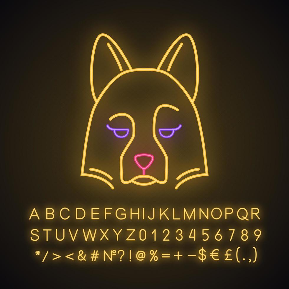 chien de berger mignon personnage de néon kawaii. chien au museau pensif. qualité compte tenu de l'animal. emoji drôle, émoticône. icône rougeoyante avec alphabet, chiffres, symboles. illustration vectorielle isolée vecteur