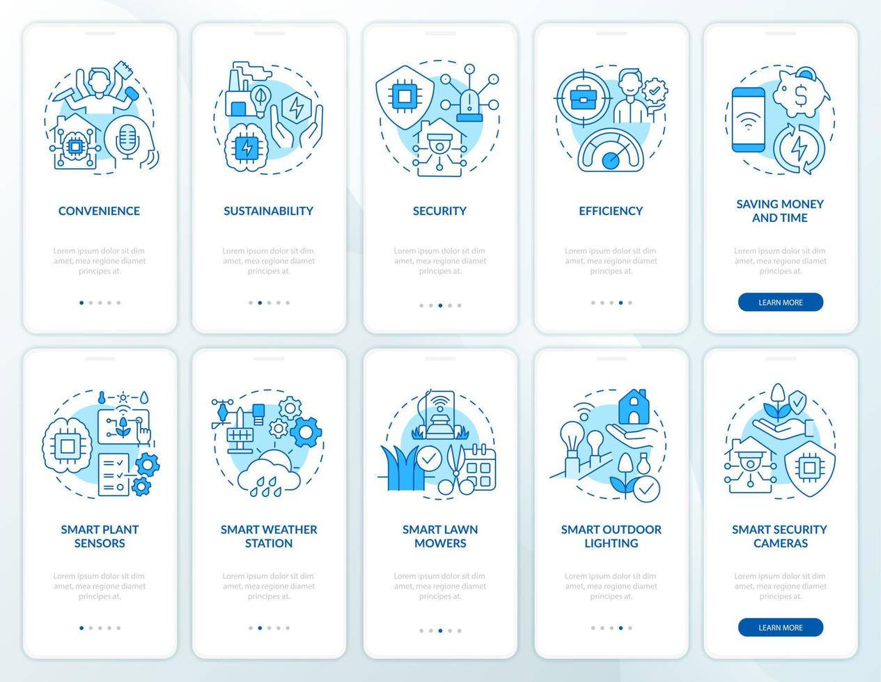 ensemble d'écrans d'application mobile d'intégration bleue de technologies innovantes. pas à pas de jardinage pages d'instructions graphiques en 5 étapes avec des concepts linéaires. ui, ux, modèle d'interface graphique. une myriade de polices pro-gras régulières utilisées vecteur