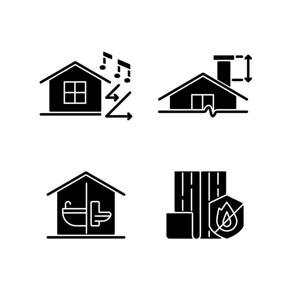 icônes de glyphe noir de sécurité de la construction de maisons définies sur un espace blanc. insonorisation. hauteur minimale de la cheminée. installations sanitaires. résistance au feu. symboles de silhouettes. illustration vectorielle isolée vecteur