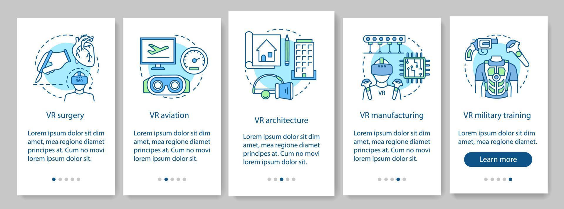 écran de page d'application mobile d'intégration de la technologie vr avec des concepts linéaires. chirurgie virtuelle, aviation, militaire, étapes de fabrication pas à pas instructions graphiques. ux, ui, modèle vectoriel gui avec icônes