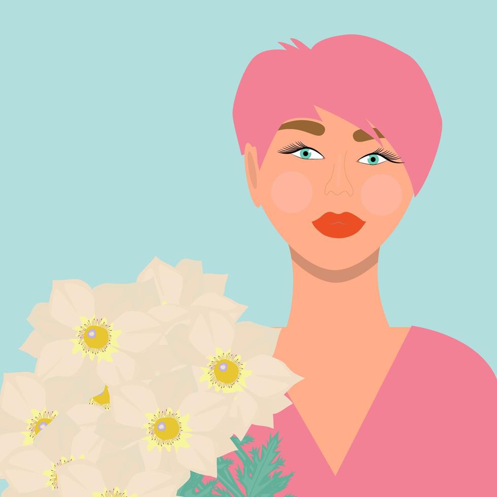 belles femmes aux cheveux roses courts et illustration de fleurs de marguerites. vecteur