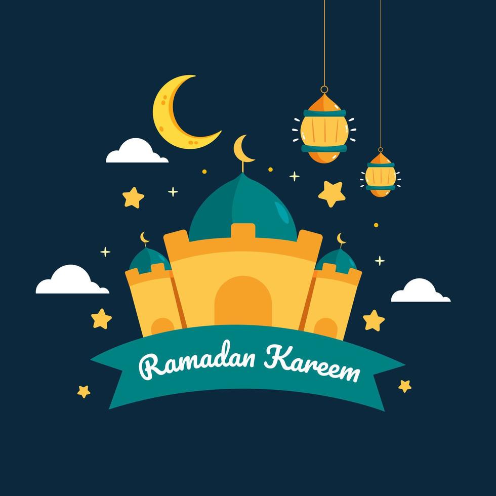 illustration de ramadan kareem avec concept de croissant de lune, de mosquée et de lanterne. style de bande dessinée design plat vecteur