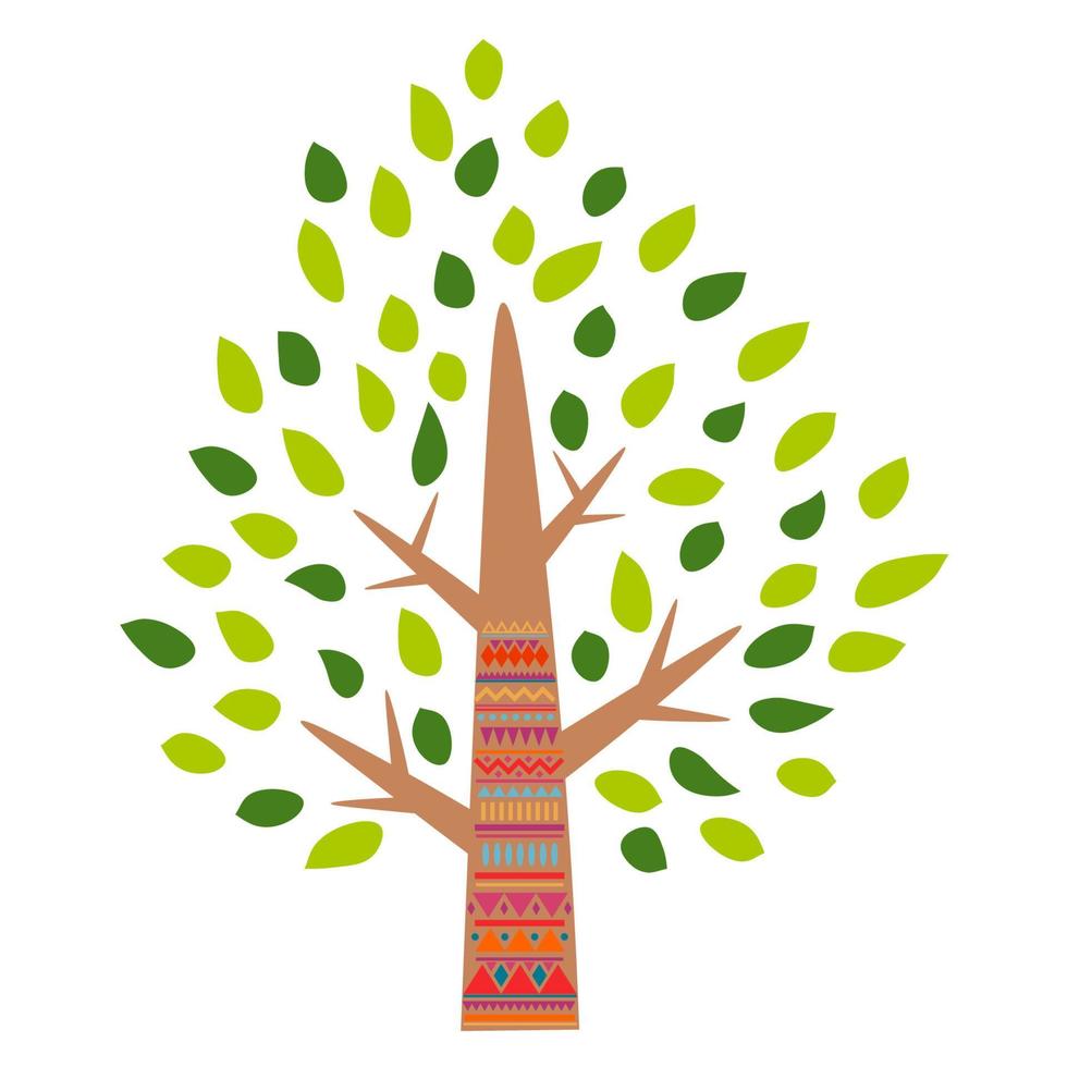 dessin animé mignon arbre d'été avec des feuilles vertes et ornement tribal isolé sur fond blanc. vecteur