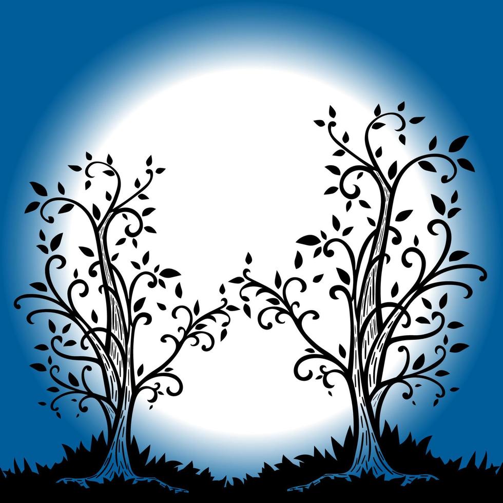 dépliant avec arbre dessiné à la main isolé sur fond dégradé de nuit au clair de lune. carte d'invitation d'halloween. vecteur