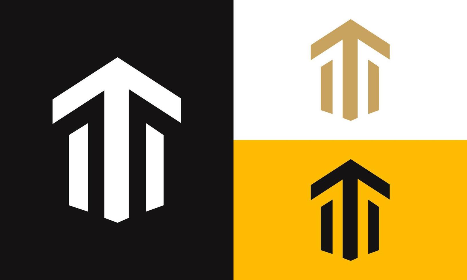 police de caractères t et flèche vers le haut avec trois modes de couleur création de logo immobilier vecteur