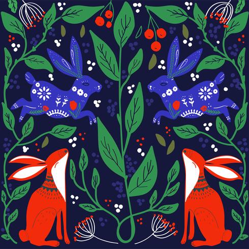Motif imprimable d&#39;art populaire scandinave avec des lapins et des fleurs vecteur