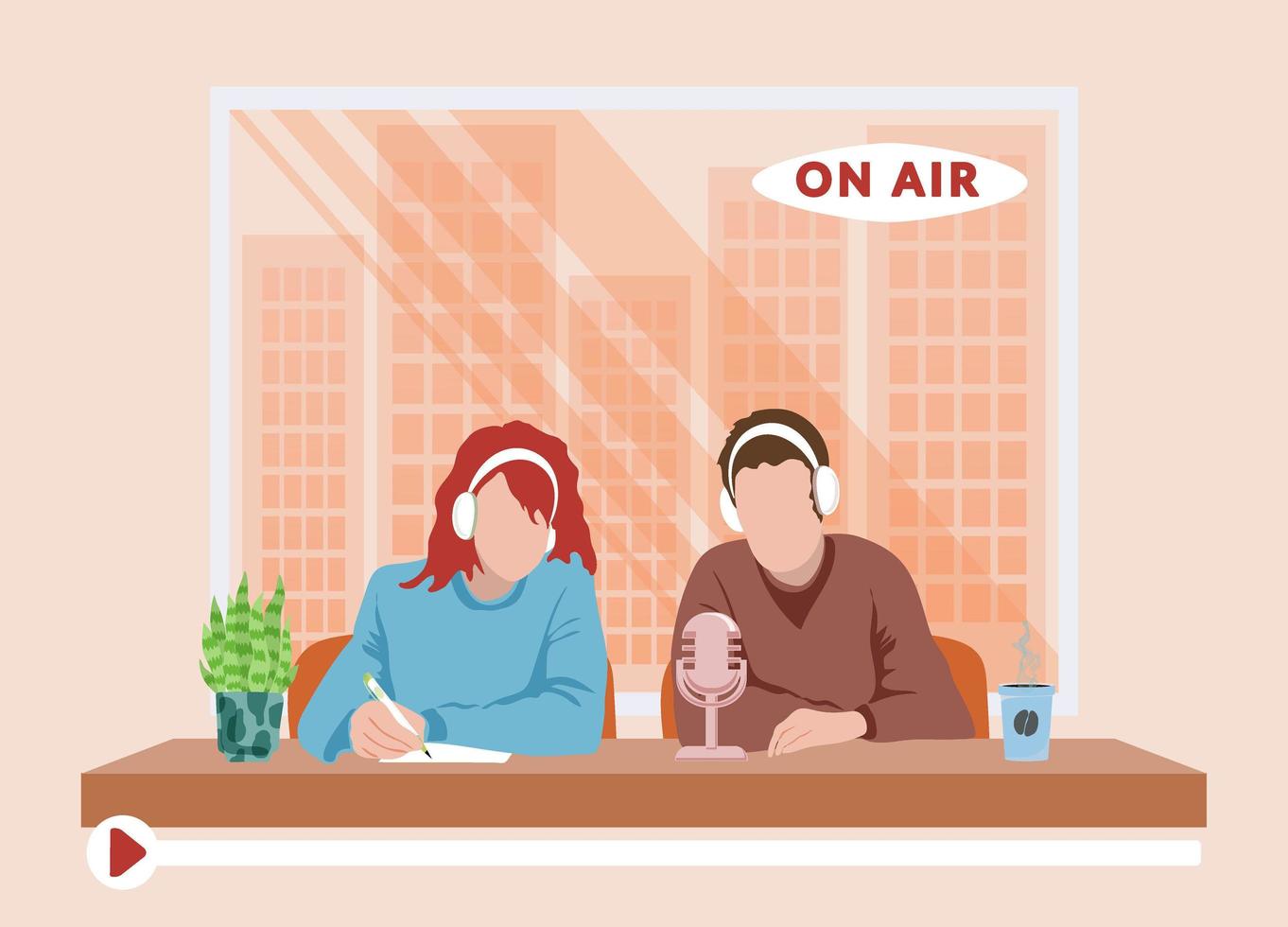 podcast en illustration vectorielle plane home studio. femme et homme sur les personnages de dessins animés de la station de radio. homme et femme avec casque et microphone. radio. radiodiffusion de masse. vecteur