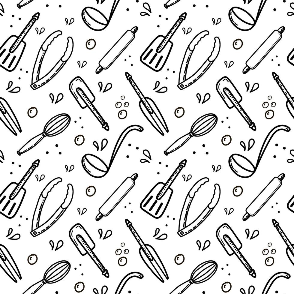 un modèle homogène d'éléments dessinés à la main. outils de chef rouleau à pâtisserie, pinces, spatule, fouet et fourchette. illustration vectorielle de style doodle. vecteur