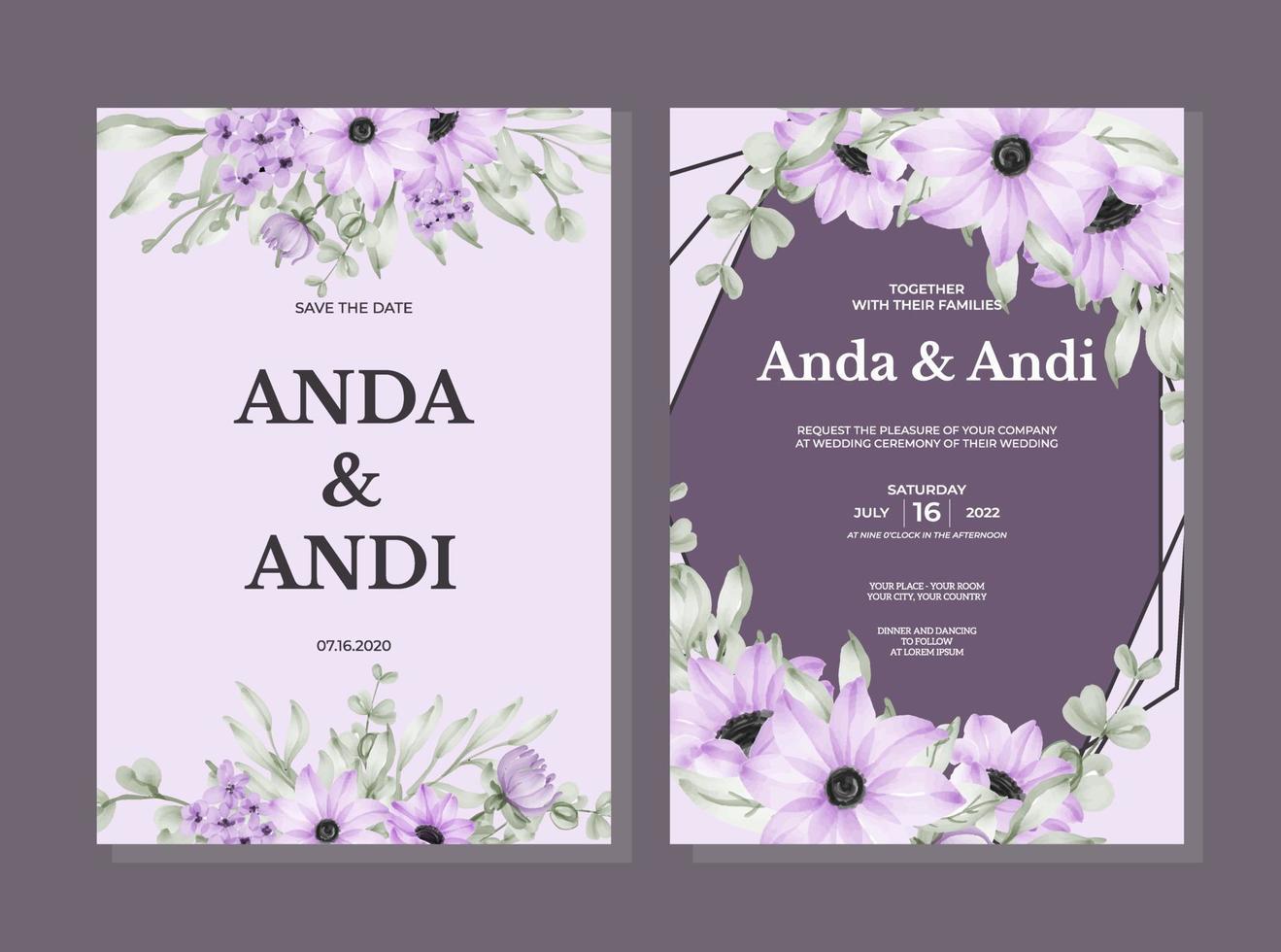 invitation de mariage sertie de belles fleurs et feuilles violettes douces vecteur