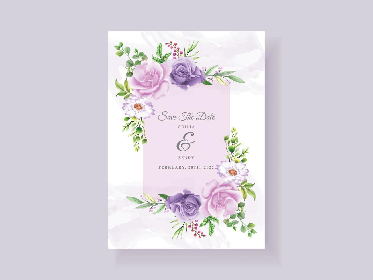 beau modèle de carte d'invitation de mariage floral violet vecteur
