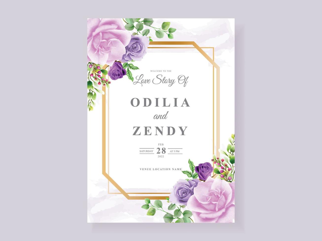 beau modèle de carte d'invitation de mariage floral violet vecteur