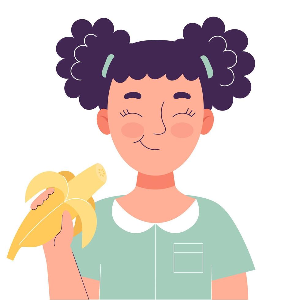 jolie petite fille mangeant de la banane. concept d'aliments sains, collation saine. fruits, vitamines. illustration de vecteur plat isolé sur fond blanc