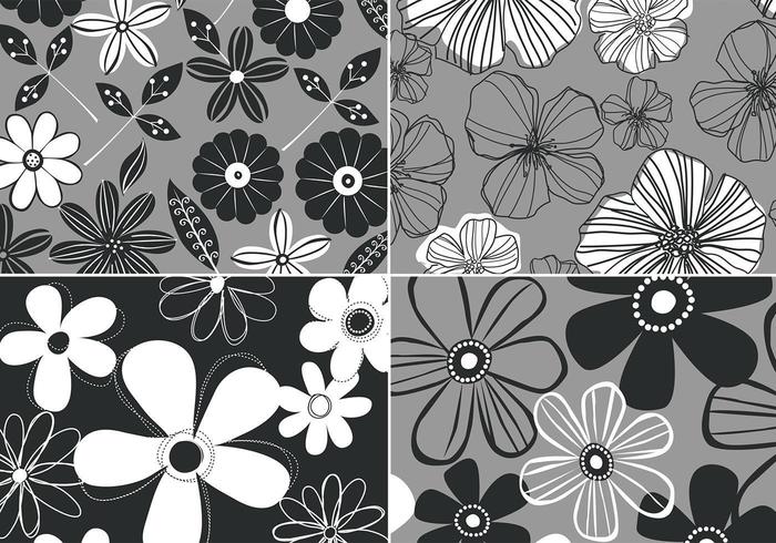 Pack de quatre vecteur fond floral rétro noir et blanc