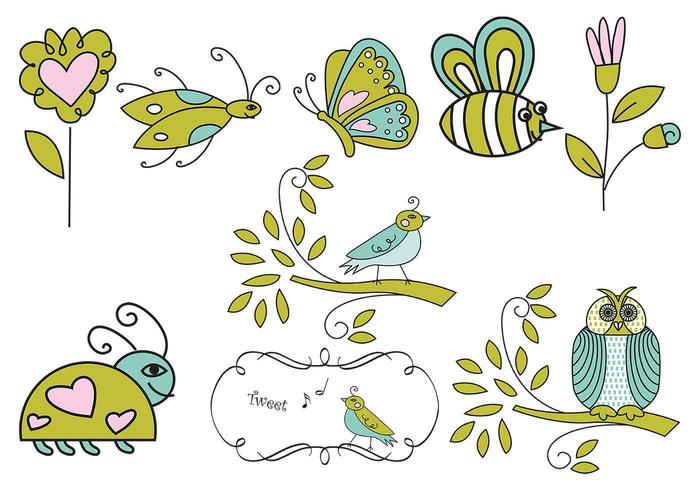 Vecteurs d'insectes, de fleurs et d'oiseaux dessinés à la main vecteur