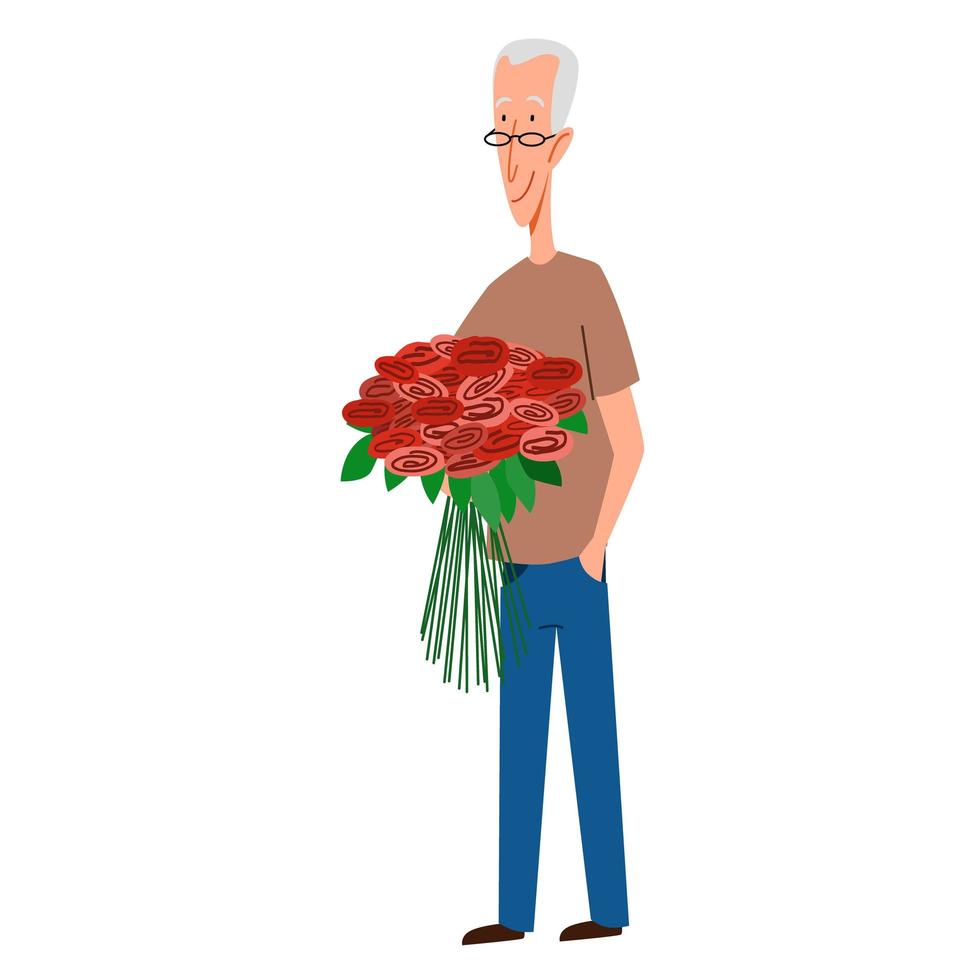 un homme mince aux cheveux gris avec des fleurs à la main. vecteur