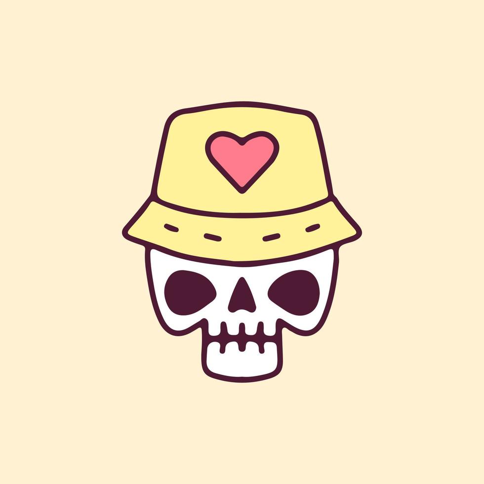 crâne porter un chapeau de seau avec signe d'amour, illustration pour t-shirt, affiche, autocollant ou marchandise vestimentaire. avec un style de bande dessinée. vecteur