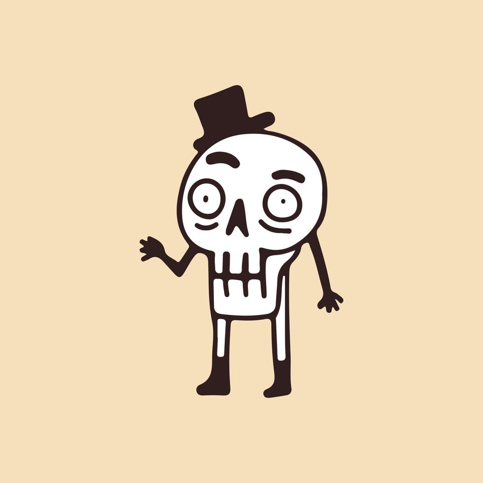 personnage de mascotte de crâne drôle portant un chapeau vintage, illustration pour t-shirt, autocollant ou marchandise vestimentaire. avec un style de dessin animé rétro. vecteur