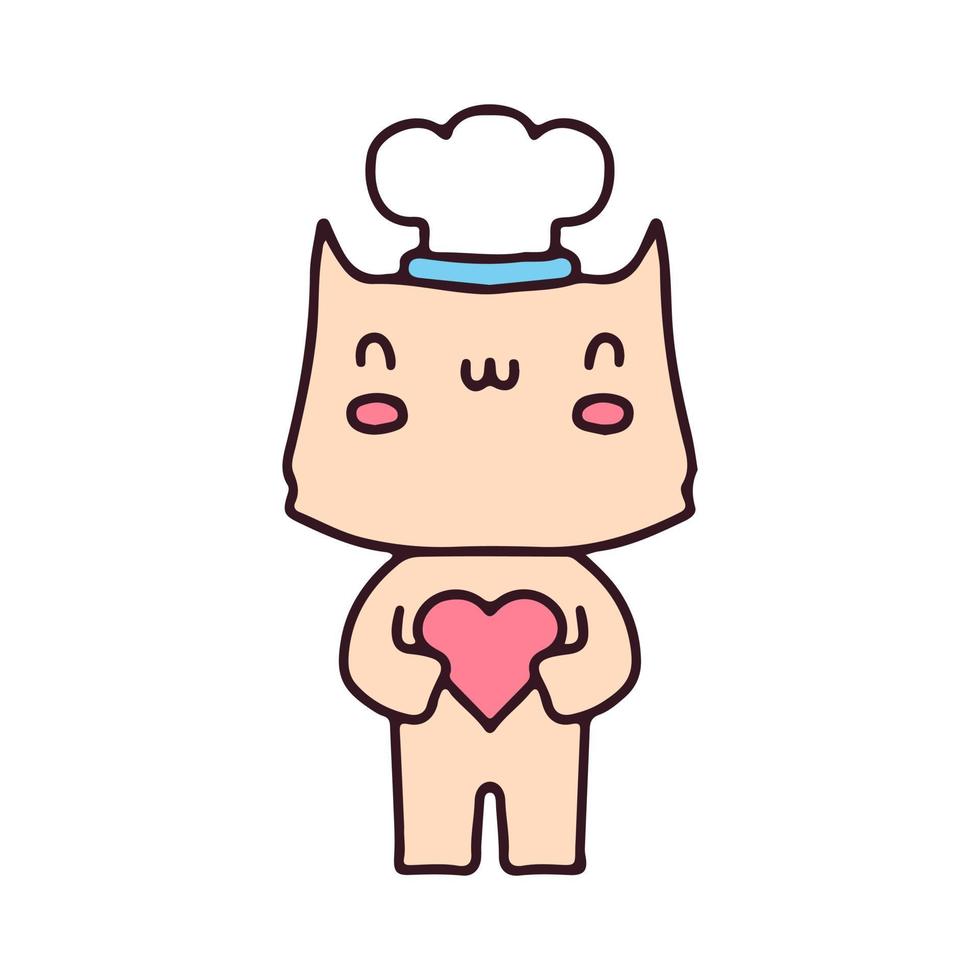 mignon personnage de mascotte de chat chef tenant le coeur. illustration pour autocollant et t-shirt. vecteur