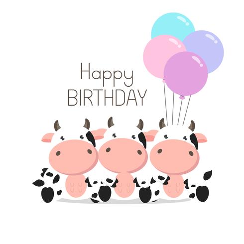Carte de voeux anniversaire Vaches mignonnes avec des ballons vecteur