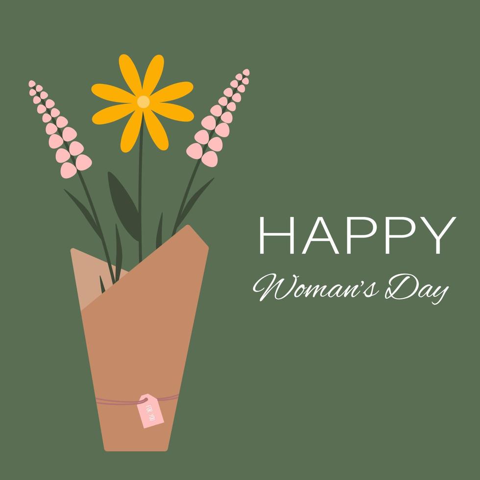 illustration vectorielle de vacances moderne pour la célébration du 8 mars. carte minimaliste dans un style branché. carte de fête des femmes heureuse avec des fleurs en bouquet. jolies fleurs de printemps. vecteur