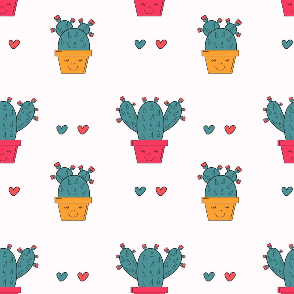 joli motif harmonieux de cactus avec coeurs et plantes grasses dans des pots de fleurs. fond romantique et charmant avec des cactus de dessin animé. illustrations vectorielles pour emballage cadeau, textile, impression. vecteur