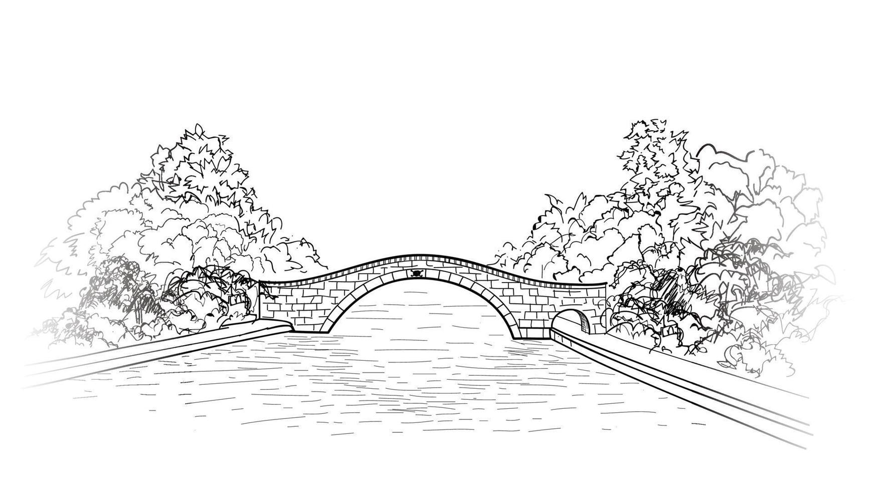 pont dans le parc. vue d'horizon. paysage de jardin de la vieille ville. gravure de fond de nature rétro. illustration vectorielle de dessin au trait artistique. vecteur