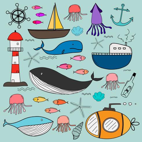 Ensemble de doodles de mer dessinés à la main. Illustration vectorielle vecteur