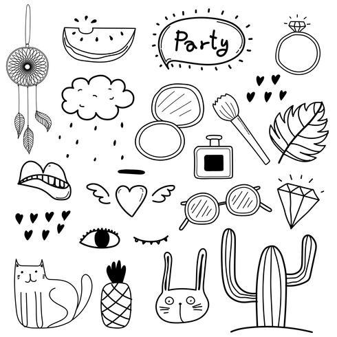 Ensemble de fête vecteur dessiné Doodle à la main. Collection d&#39;éléments de design vectoriel.