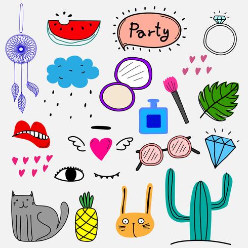 Doodle dessiné à la main Vector Party coloré. Collection d&#39;éléments de design vectoriel.