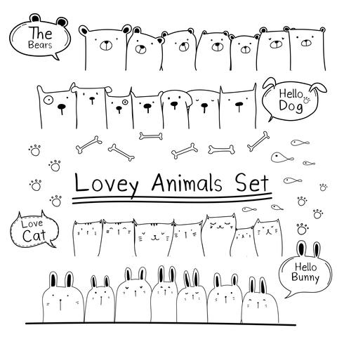 Ensemble d&#39;animaux mignons dessinés à la main Doodle. Inclure les ours, les chats, les lapins et les chiens. Illustration vectorielle vecteur