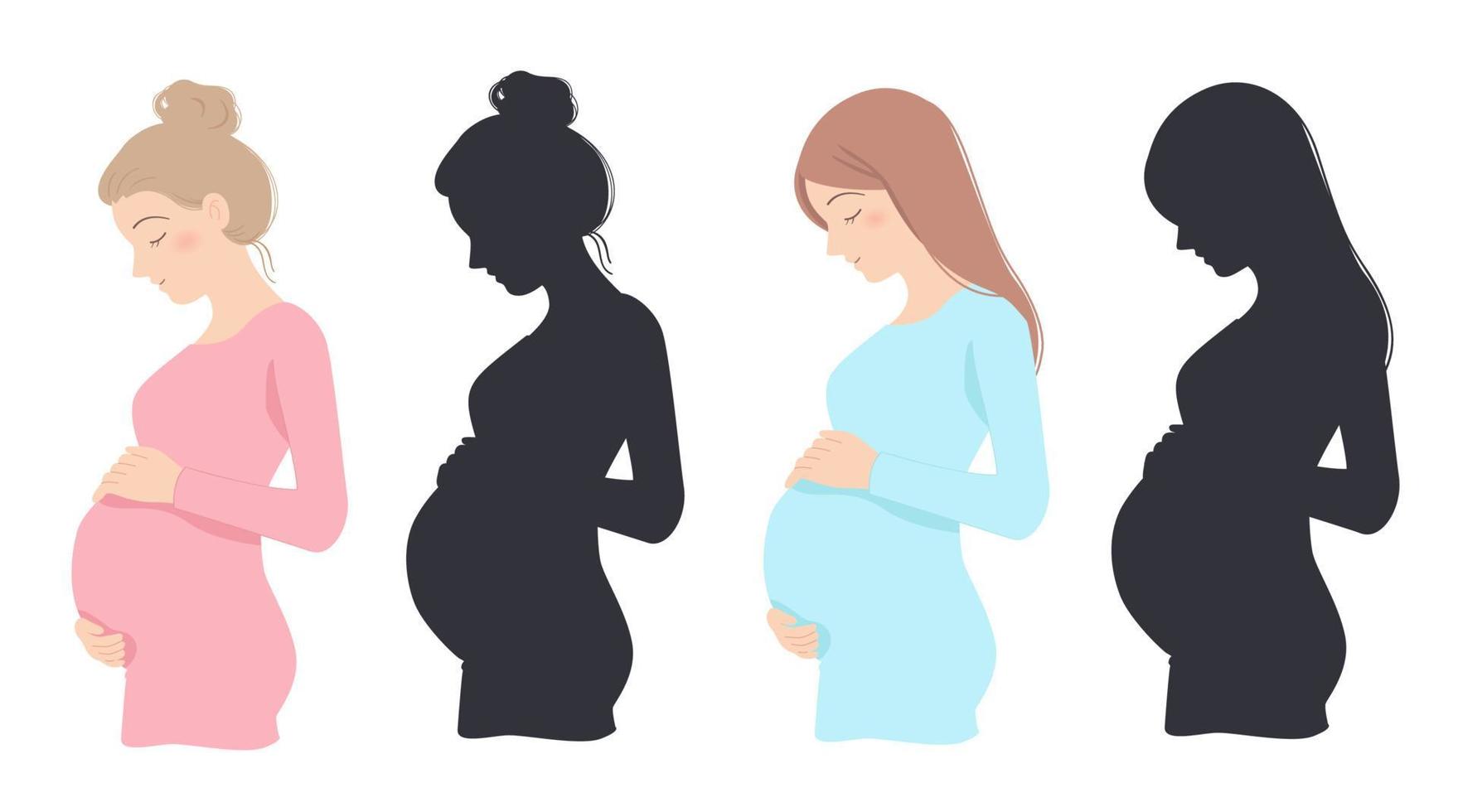 maman enceinte, illustration couleur et silhouette vecteur
