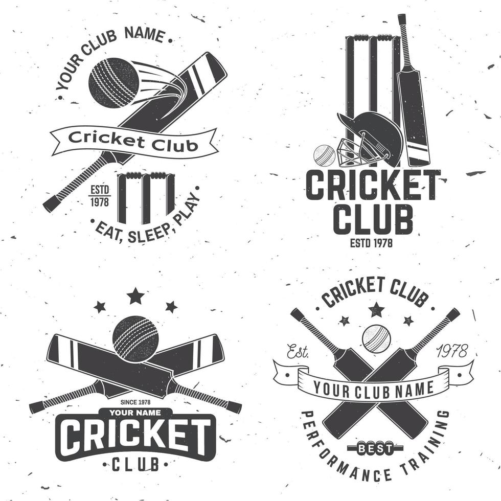 ensemble d'insignes de club de cricket. vecteur. concept pour chemise, timbre ou tee. conception de typographie vintage avec balle de cricket, guichet, caution et silhouette de casque. modèles pour club de sport. vecteur