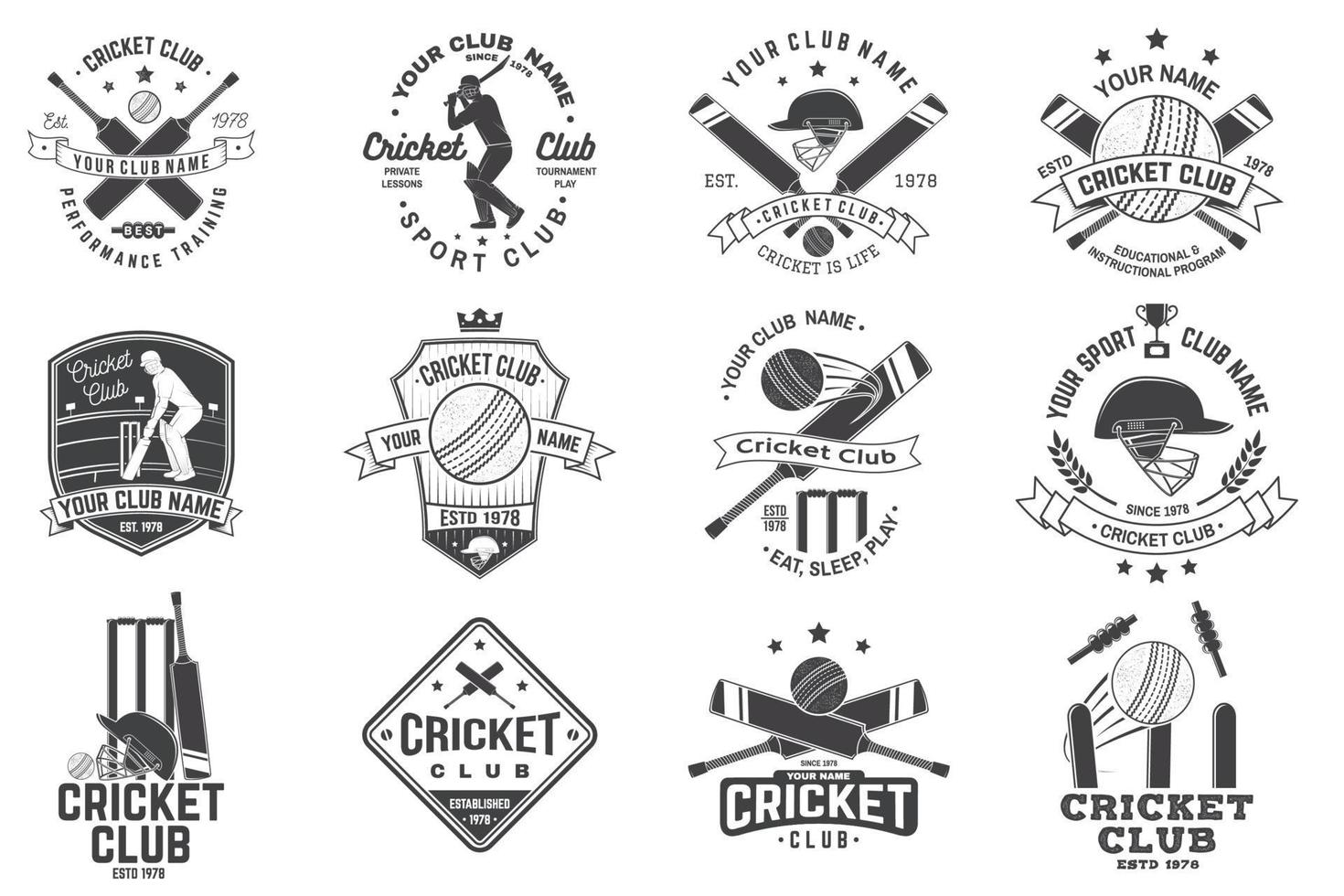 ensemble d'insignes de club de cricket. vecteur. concept de chemise, d'impression, de timbre ou de tee-shirt. modèles pour club de sport de cricket. vecteur