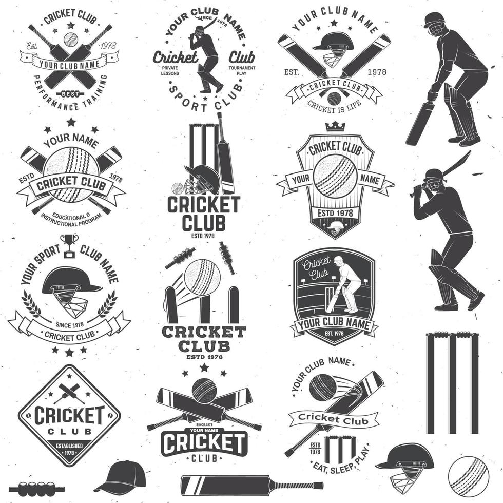 ensemble de badges de club de cricket avec élément de design. vecteur. concept de chemise, d'impression, de timbre ou de tee-shirt. modèles pour club de sport de cricket. vecteur