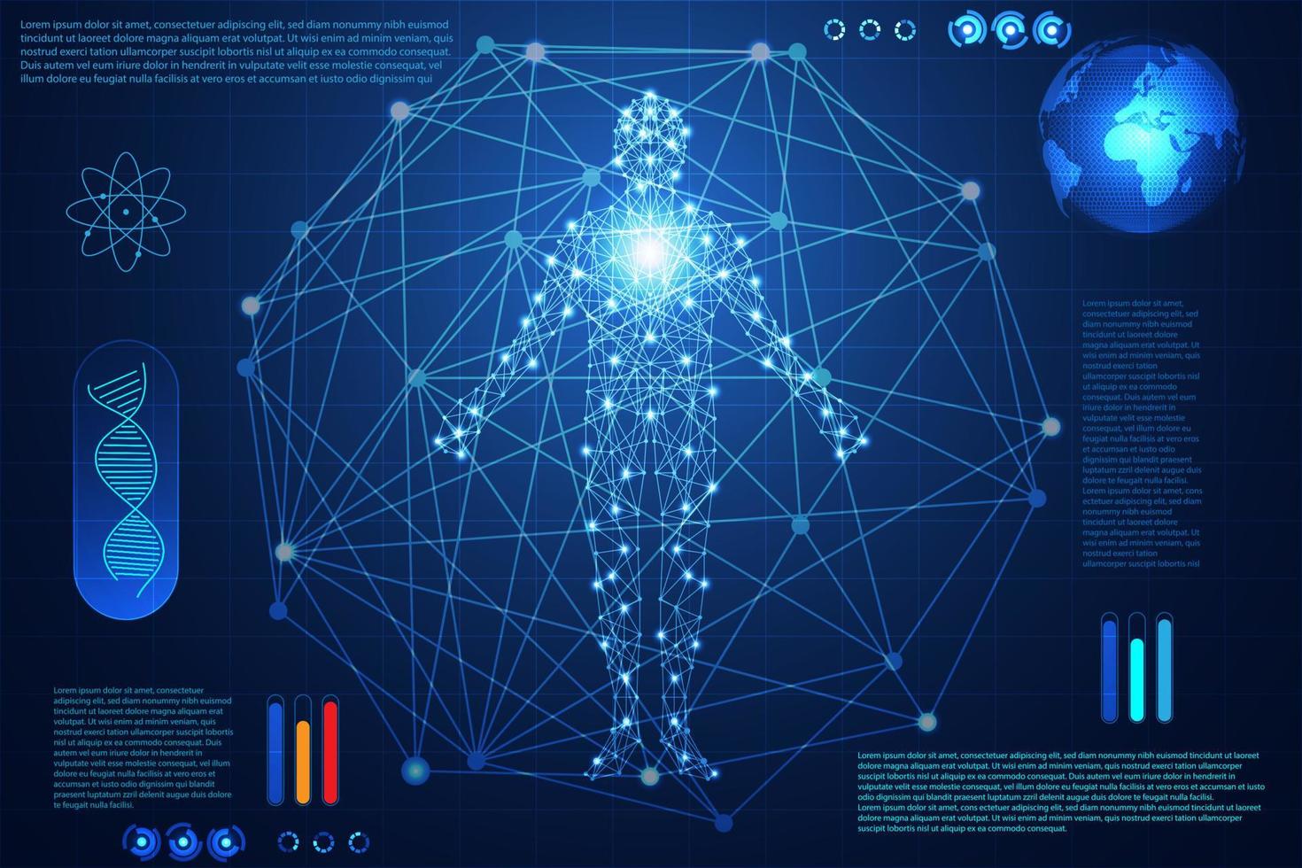 technologie abstraite ui concept futuriste hud interface hologramme éléments de graphique de données numériques, communication, informatique, corps humain soins de santé numériques santé future conception sur fond de haute technologie. vecteur