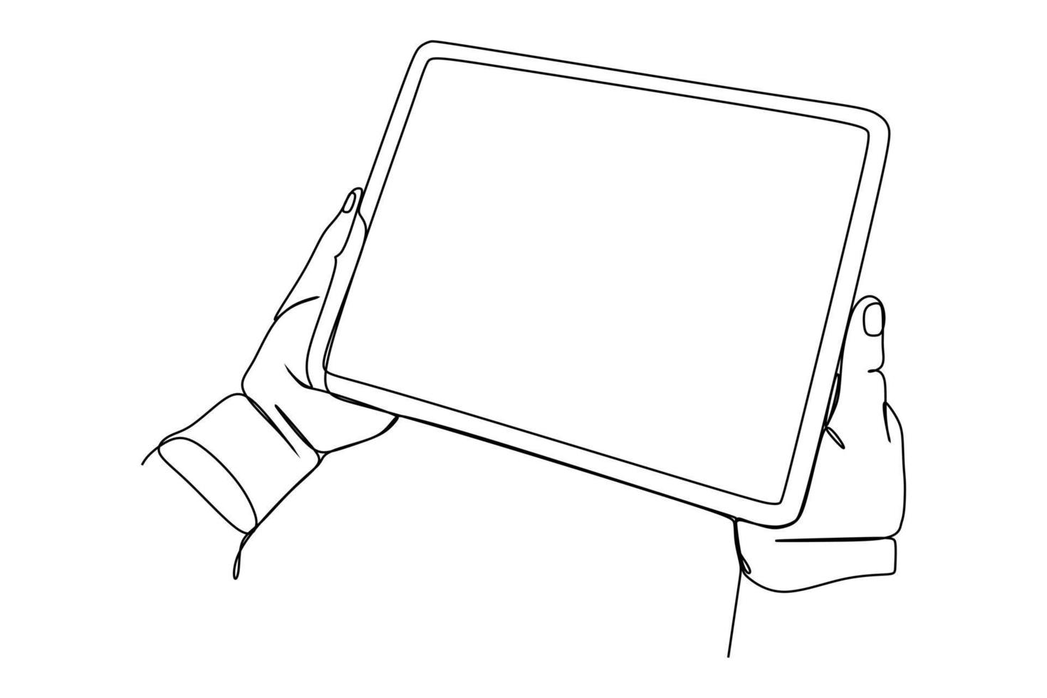 mains en ligne continue avec des gadgets pour tablettes. mains d'homme d'affaires d'une ligne à l'aide de téléphones portables et tablettes. vecteur dessiné à la main