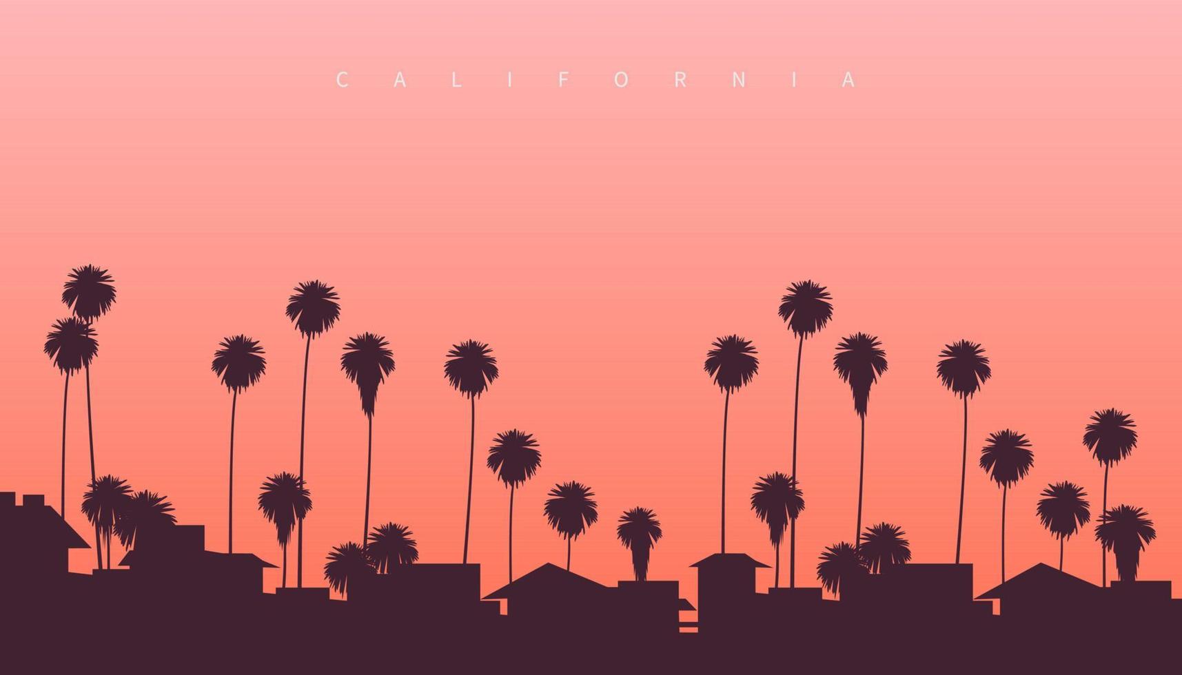 magnifique coucher de soleil quelque part sur la côte ouest des États-Unis. palmiers et villas résidentielles avec coucher de soleil rosé en arrière-plan vecteur