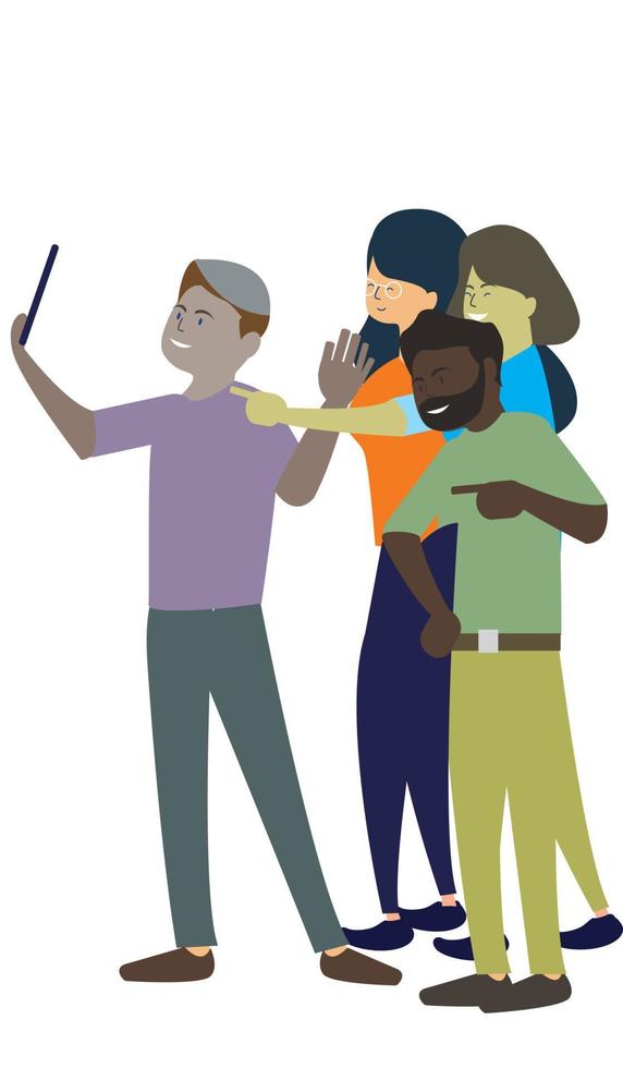 selfie de jeunes adolescents souriants s'amusant ensemble. illustration vectorielle, dessin à la main style doodle dessin au trait isolé sur fond blanc vecteur