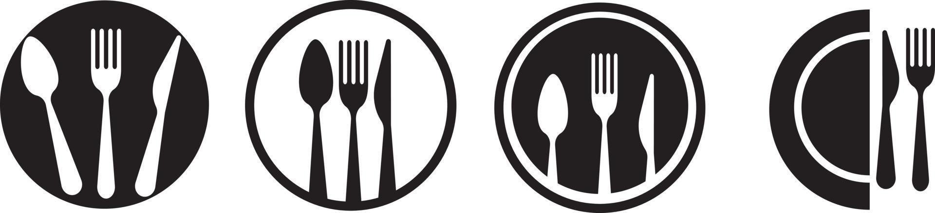 jeu d'icônes de cuillère, fourchette, couteau et assiette, logo de menu, silhouette de couverts. illustration vectorielle de vaisselle vecteur