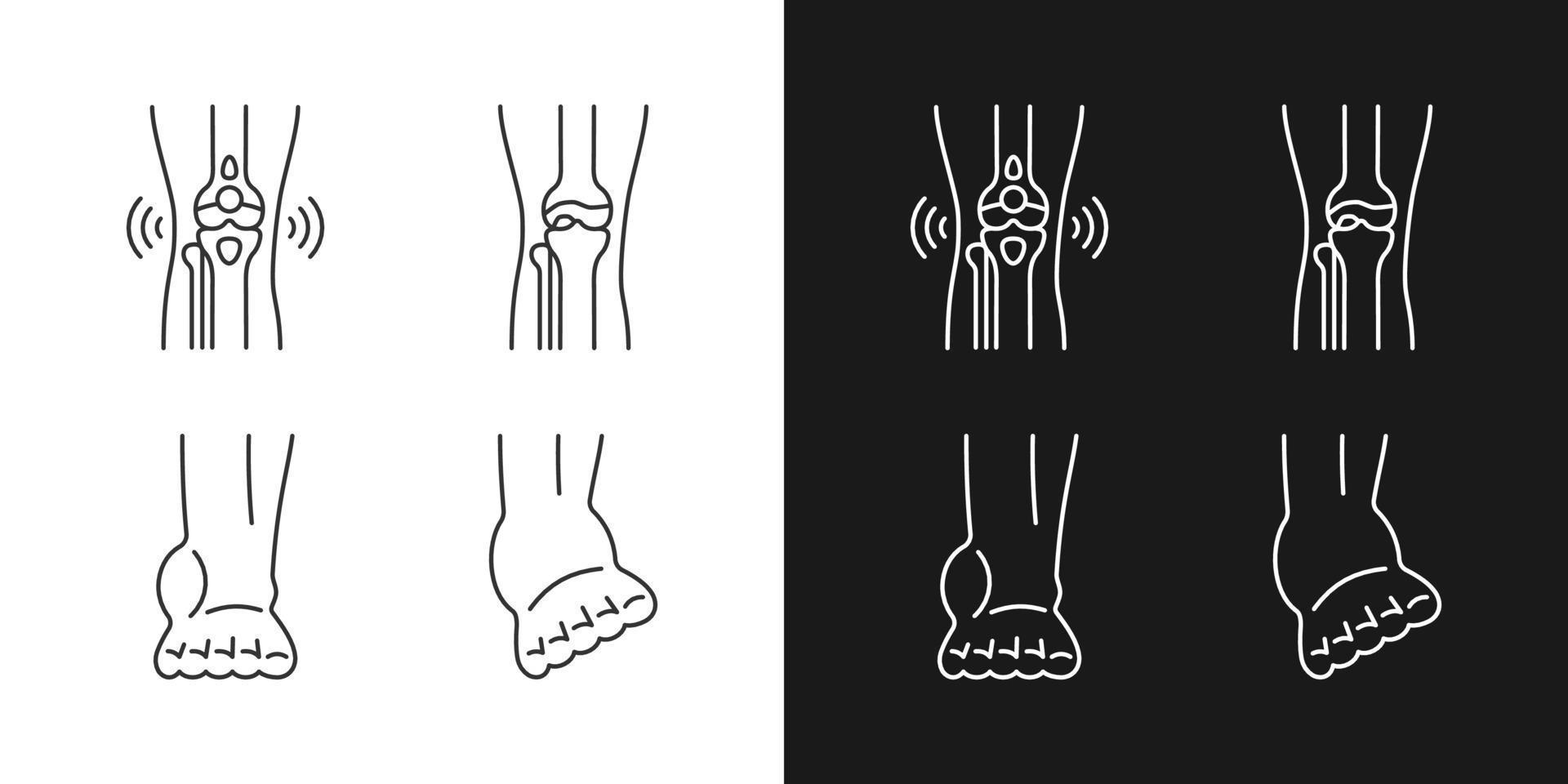 icônes linéaires de douleur à la jambe arthritique définies pour le mode sombre et clair. maladie dégénérative des articulations. condition de bursite. symboles de lignes fines personnalisables. illustrations vectorielles isolées. trait modifiable vecteur