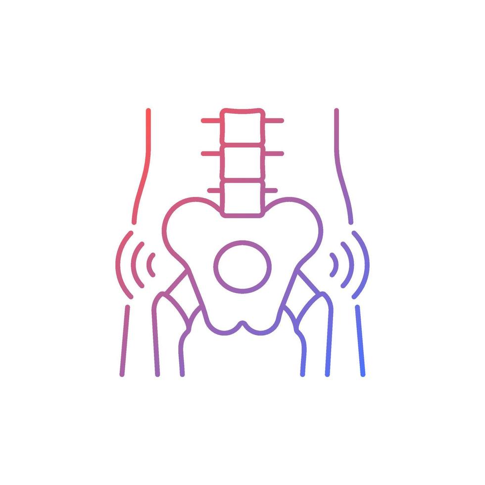 icône de vecteur linéaire de gradient de rhumatisme des hanches. maladie dégénérative des articulations. douleur intense. cartilage de la hanche usé. symbole de couleur de ligne mince. pictogramme de style moderne. dessin de contour isolé de vecteur