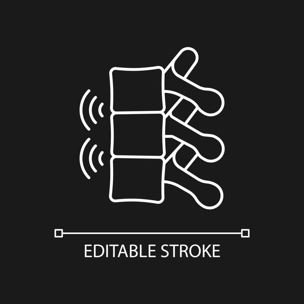 icône linéaire blanche de spondylarthrite ankylosante pour thème sombre. inflammation chronique affectant la colonne vertébrale. illustration personnalisable en ligne mince. symbole de contour vectoriel isolé pour le mode nuit. trait modifiable