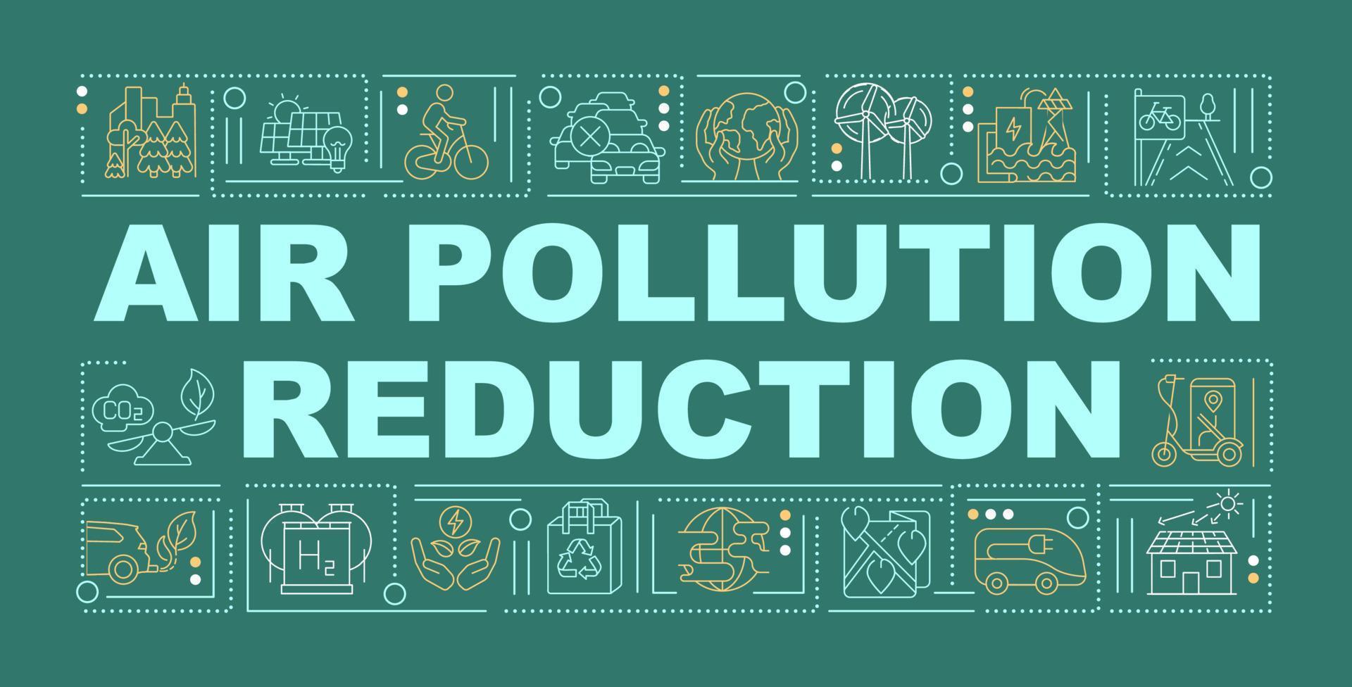 bannière de concepts de mots de réduction de la pollution de l'air. réduire l'empreinte carbone. infographie avec des icônes linéaires sur fond vert. typographie créative isolée. illustration de couleur de contour de vecteur avec texte